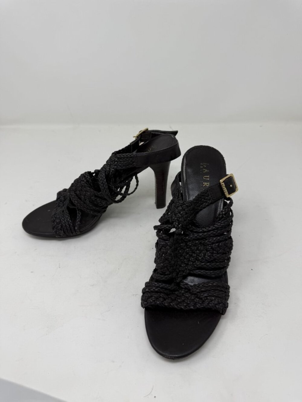Lauren Ralph Lauren Black Braided Leather Strappy Heels 7.5